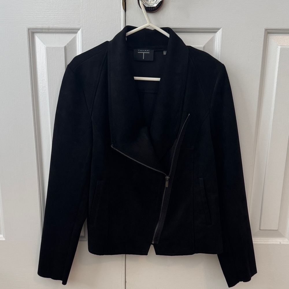 Tahari Moto Black Women's Faux leather suede Jacket with Asymmetrical Zipper